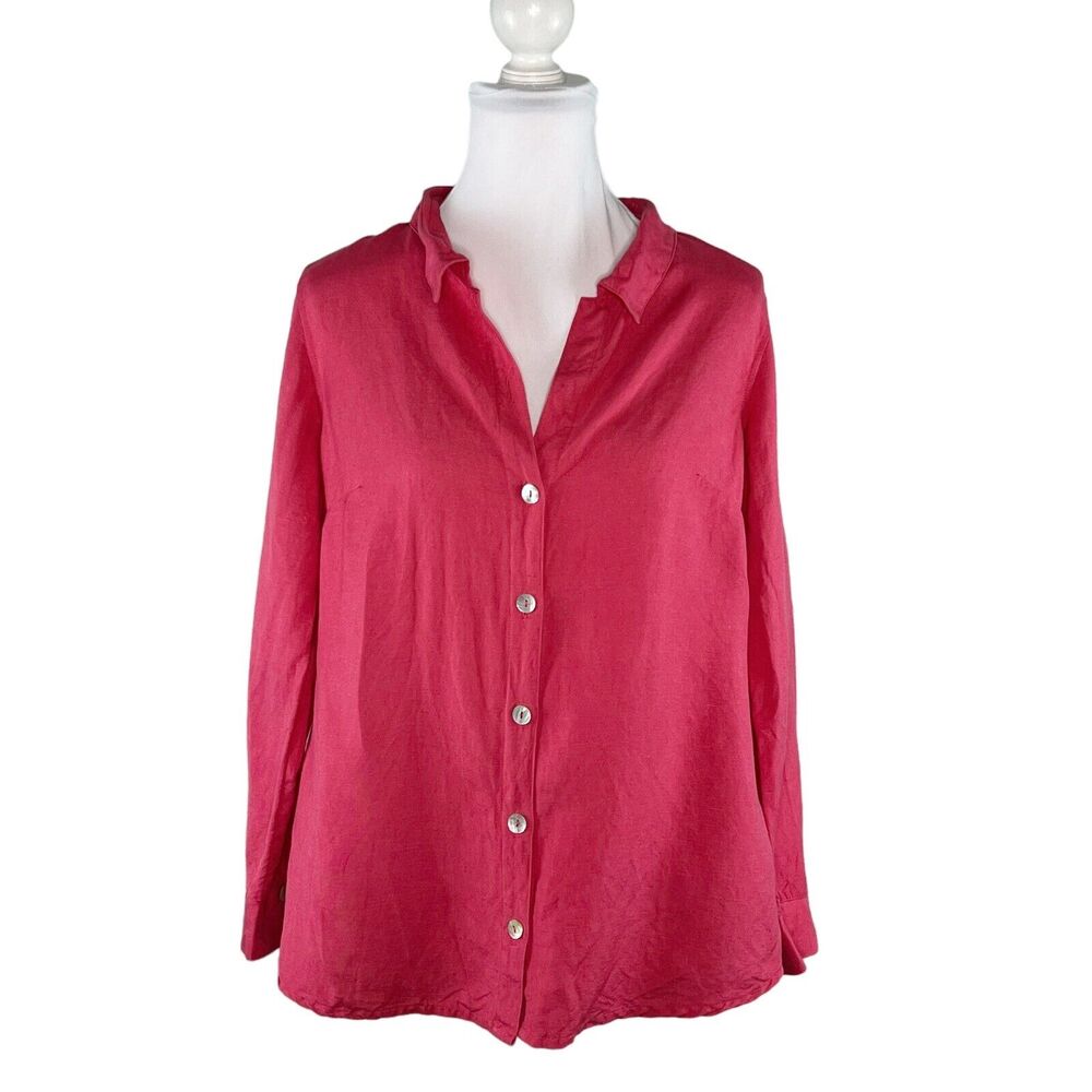 Soft Surroundings Size S Galina Linen Blend Tunic Top Button Up Coral Pink Swing